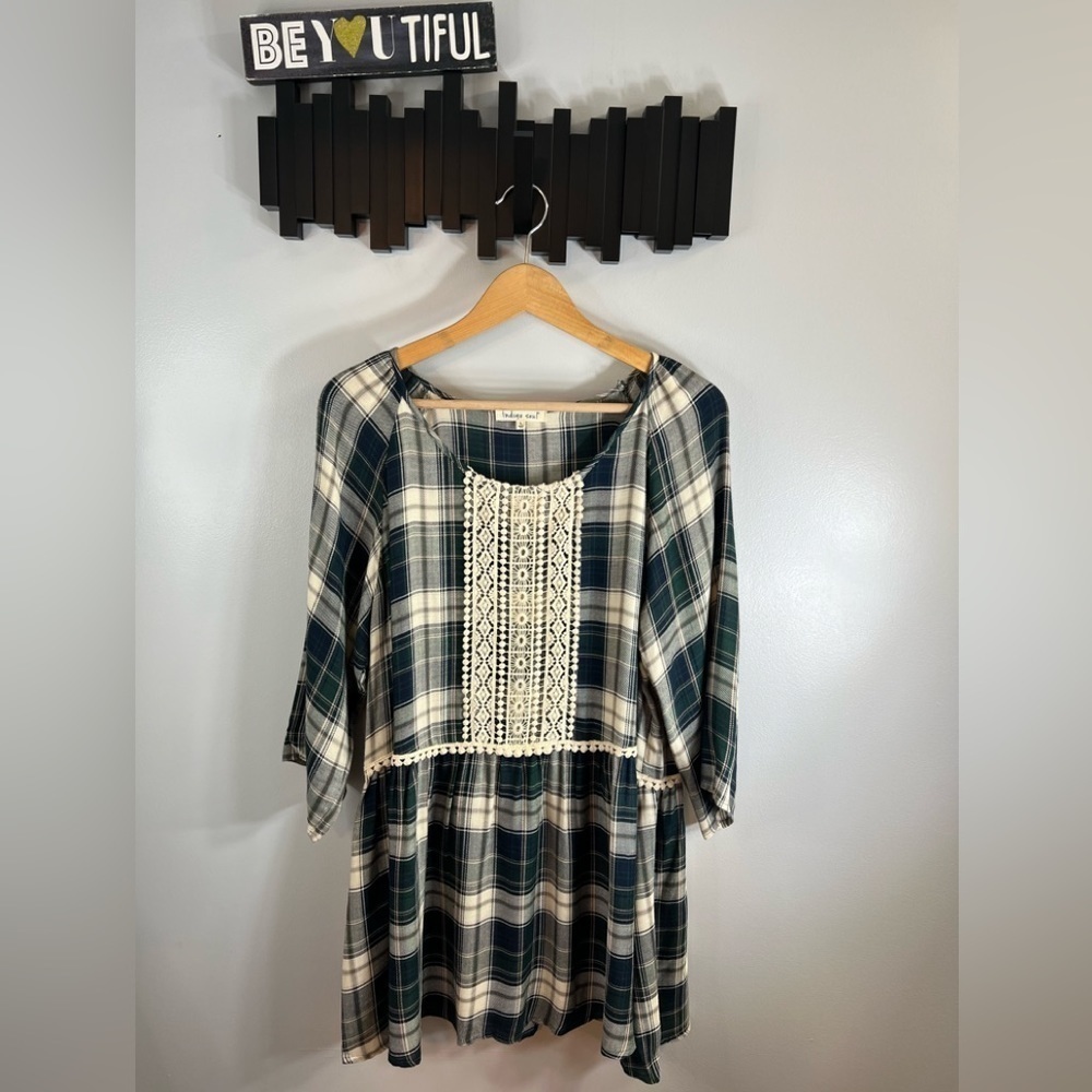 INDIGO Soul Plaid Boho Tunic Dress With Crochet Trim Size Large